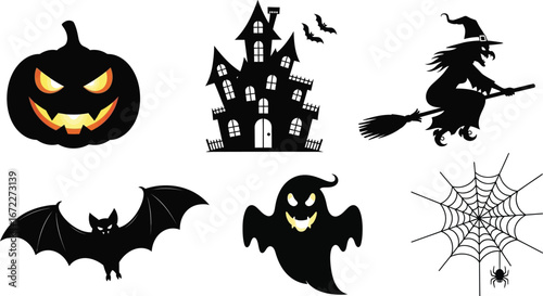 Spooky halloween silhouettes of pumpkin bat witch and ghost