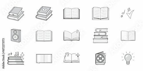 Collection of simple black and white icons representing books music and ideas