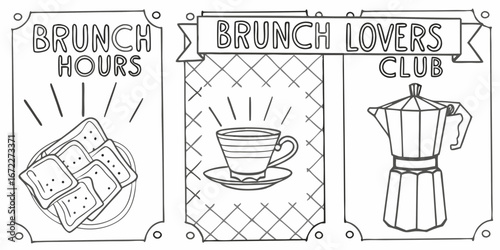 Hand drawn doodle art of brunch food and drinks with text for brunch lovers club