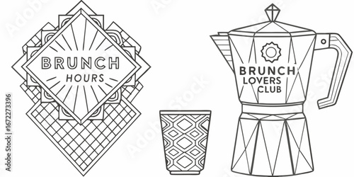 Art deco style line art illustrations for brunch lovers club and brunch hours