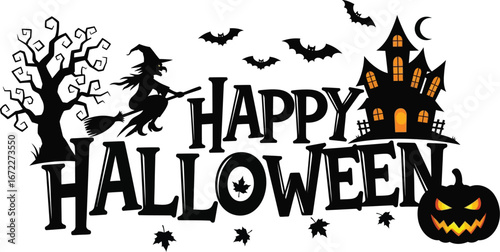 Happy halloween greeting with witch haunted house and pumpkin
