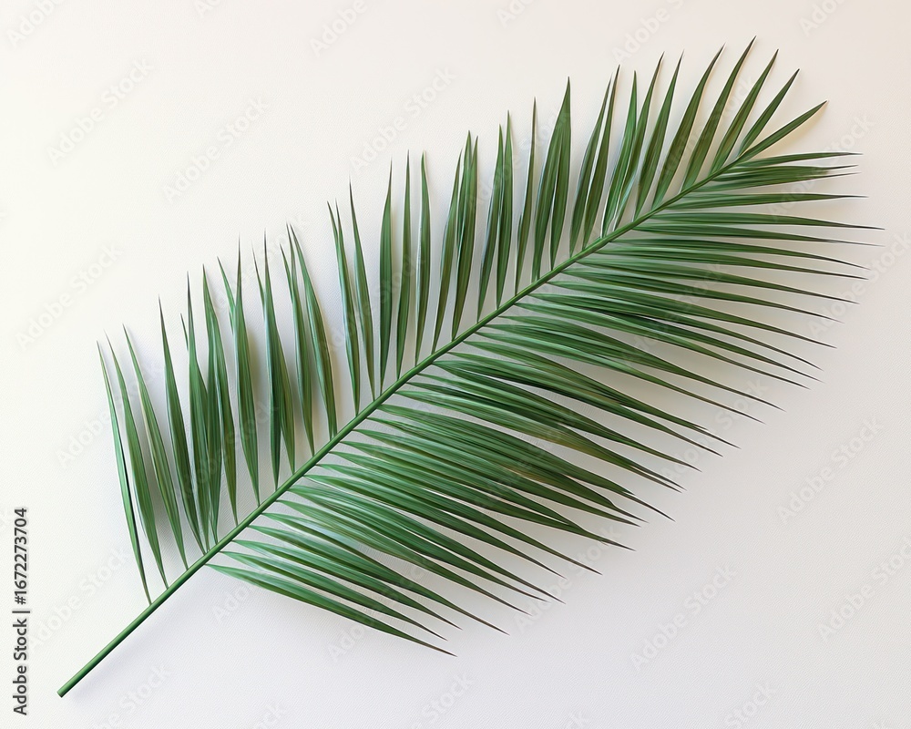 Obraz premium Single palm frond, vibrant green, smooth texture, against a plain white background. It's long, slender, and has many pointed leaflets radiating outward