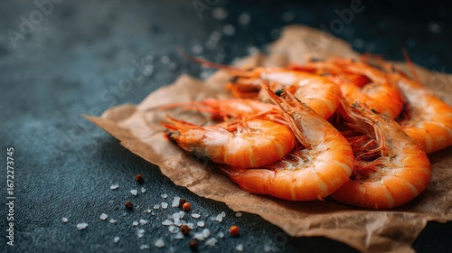 Fresh cooked shrimp on brown paper, dark background