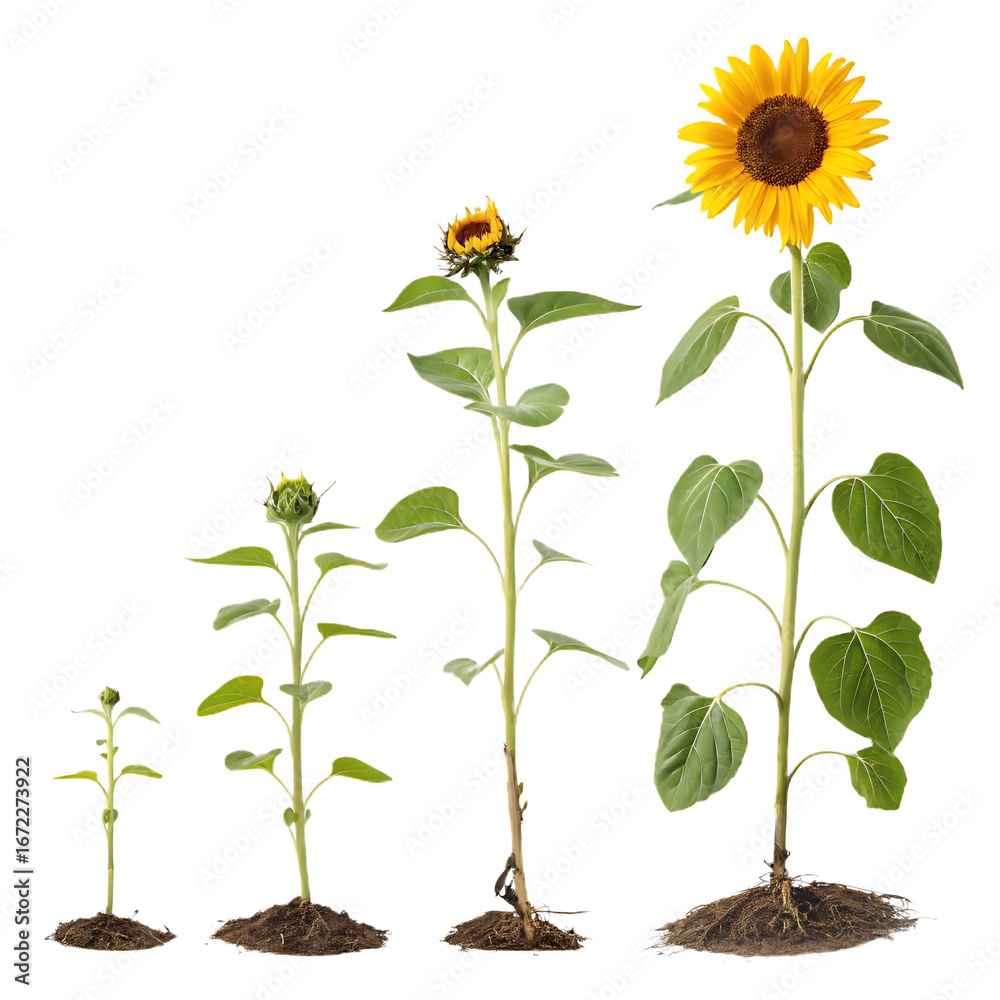 Obraz premium Sunflower growth stages from seedling to full bloom visualized side by side