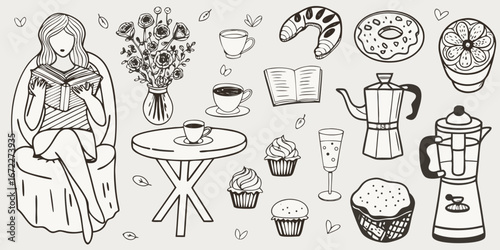 Cozy scene of a woman reading a book with coffee pastries and flowers in a cafe setting