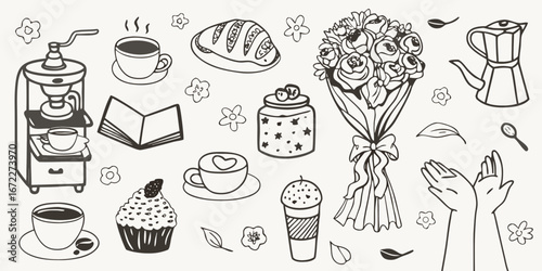 Charming hand drawn doodle collection of coffee treats flowers and reading for a cozy lifestyle