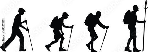 adventure hiker silhouettes climbing standing on