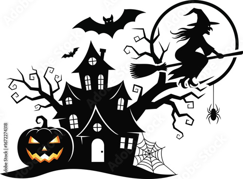 Spooky halloween night with witch haunted house and pumpkin