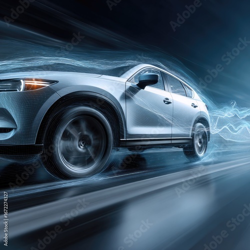 Silver suv in motion with abstract speed lines.