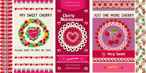 Sweet cherry themed designs with floral wreaths and hearts for invitations or decorations