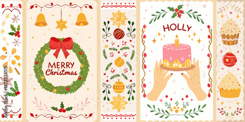 Festive christmas illustrations featuring a wreath cake cupcakes bells snowflakes and ornaments