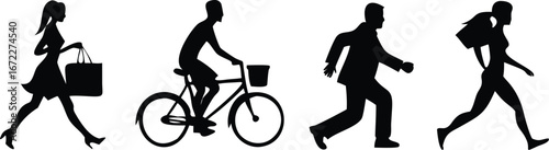 city commuter silhouettes man running for bus wo