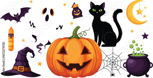 Halloween elements including pumpkin ghost cat and witch hat