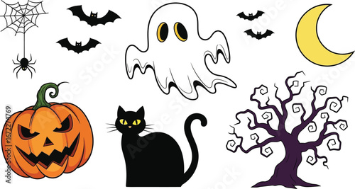 Spooky halloween elements arranged on a white background scene