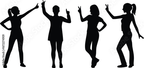 female silhouette gestures peace sign arms wide