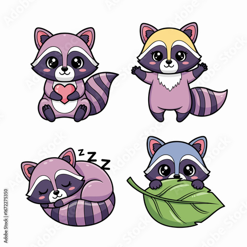 Funny cartoon raccoon icons set for stickers with big eyes and striped tails
