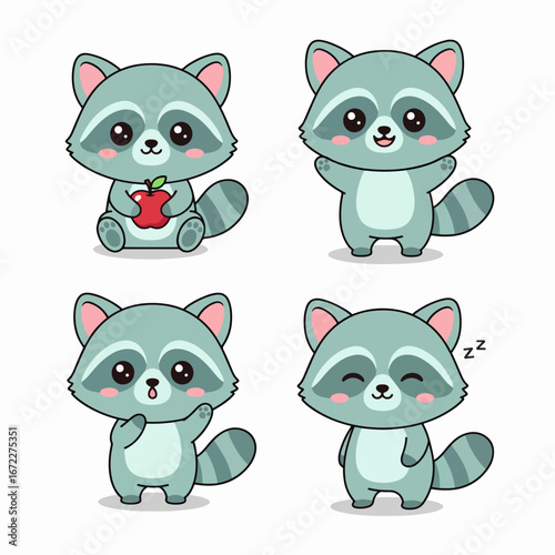Decorative raccoon clip art set with different emotions and poses for creative projects
