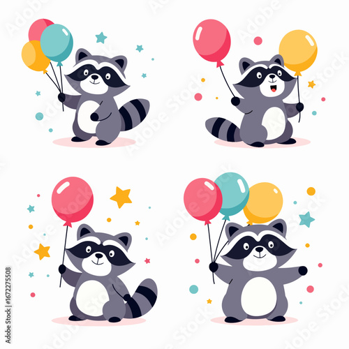 Funny cartoon raccoon icons set for stickers with big eyes and striped tails