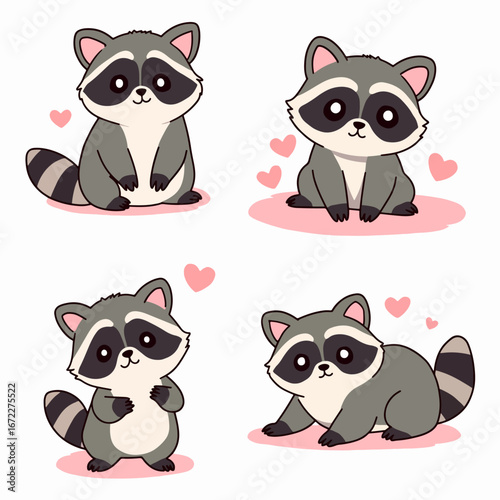 Cute forest animals collection featuring happy raccoons with big eyes and hearts
