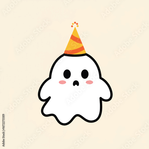 Cute cartoon ghost with pink cheeks and a surprised expression wearing a striped party hat.