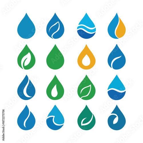 Collection of various water drop icons and symbols representing purity nature and refreshment