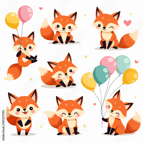 Hand drawn kawaii fox set for baby shower design and kids birthday cards