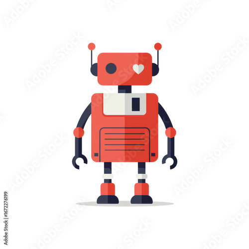 Cute Red Retro Robot with a Floppy Disk Body and a Heart-Shaped Eye.