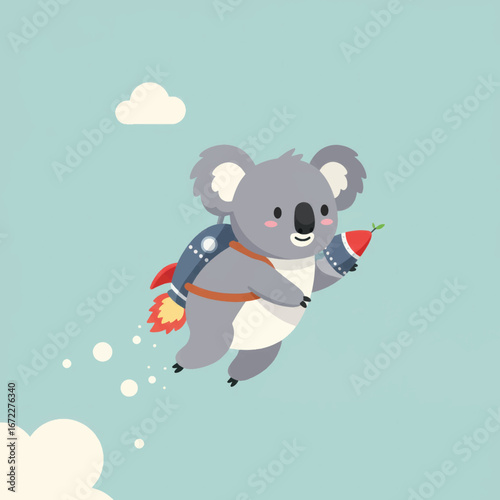 Cute gray cartoon koala flying with a jetpack holding a small red rocket and smiling happily.