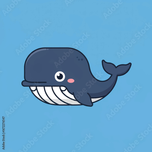 Adorable dark blue cartoon whale character with big eyes pink cheeks and a white underbelly.