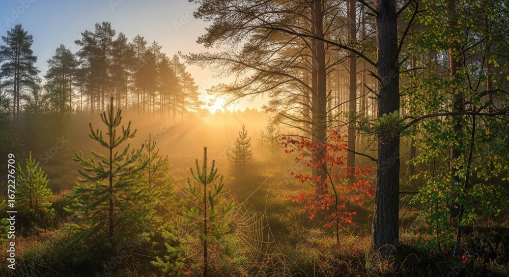 Fototapeta premium Sunrise Over Misty Pine Forest