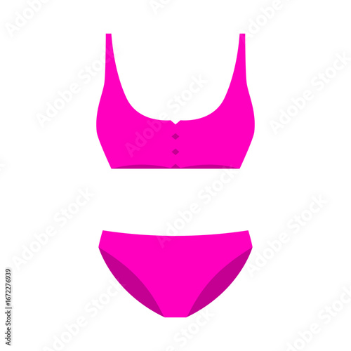 Purple two piece swimsuit. Fashionable clothing for swimming and sunbathing on sea and ocean beaches with classic design