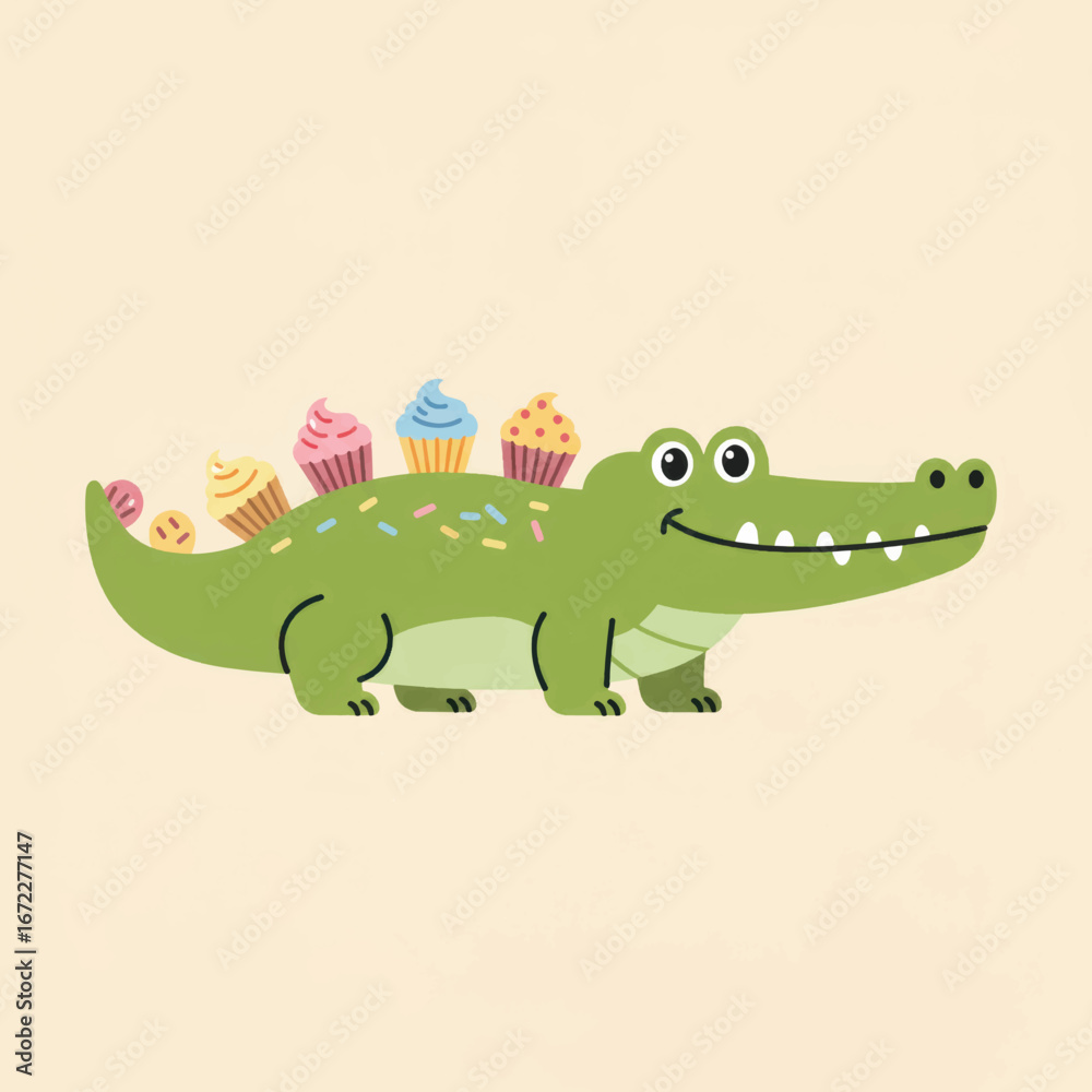 Obraz premium A happy green cartoon crocodile with colorful sprinkles and a row of sweet cupcakes on its back.