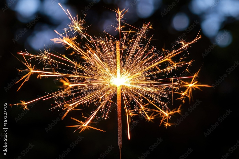 Fototapeta premium Sparkler bursts brightly against dark backdrop
