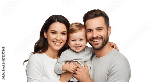 A happy family portrait of a smiling mother, father, and child, radiating joy and connection