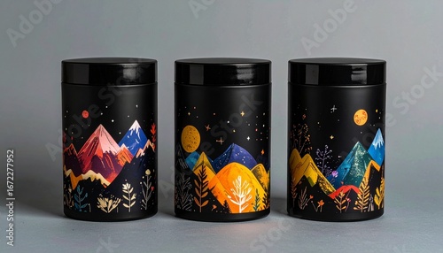 Mountain Landscape Design on Black Cylindrical Containers