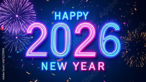 Happy New Year 2026 Celebration with Fireworks and Confetti