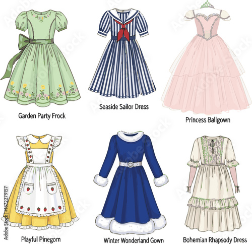  Create need kinds of different Kids Dress Designee set girls victor Art on white background.