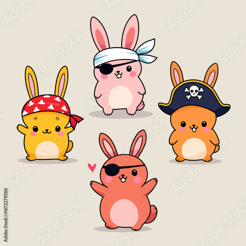 Cute forest animals collection featuring happy rabbits with big eyes and pink cheeks