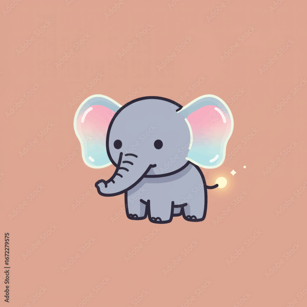 Naklejka premium Adorable illustrated baby elephant with iridescent bubble ears and a magical glowing tail.