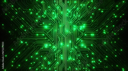 Intricate green circuit board design.