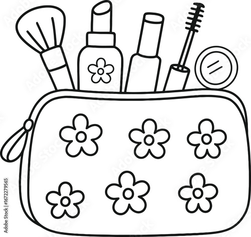 Hand drawn glow cosmetics bag coloring book pages, bold and easy, simple and big vector Illustration for stress relief and relaxation