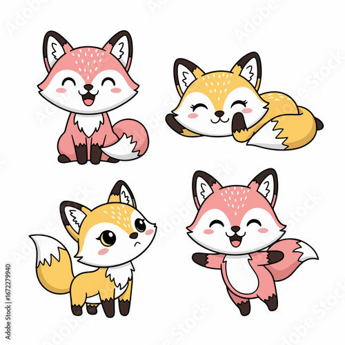 Cute cartoon foxes in various poses. Collection of kawaii animals