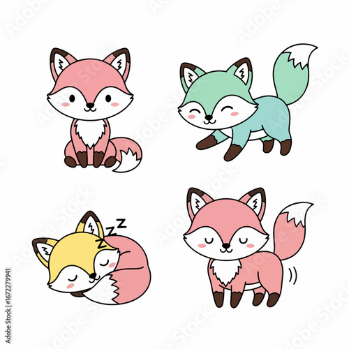 Cute cartoon foxes in various poses. Collection of kawaii animals
