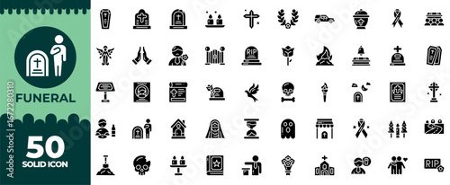 Funeral Editable Icons set. Vector illustration in modern thin solid style of funeral related icons: funeral, mourning, burial, and more. Isolated on transparent background