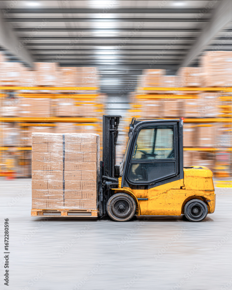 Fototapeta premium A yellow forklift transports a pallet of boxes in a warehouse, showcasing an efficient logistics operation in a busy industrial setting.