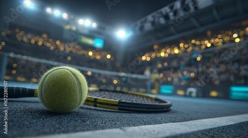 Close-up of a tennis ball and racket on a court