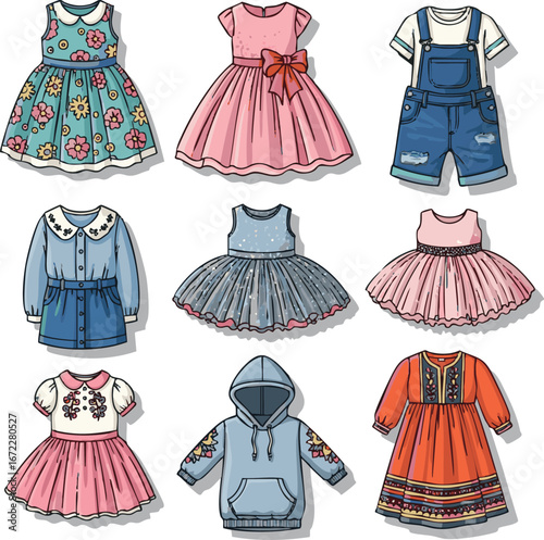 Create need kinds of different Kids Dress Designee set victor Art on white background.