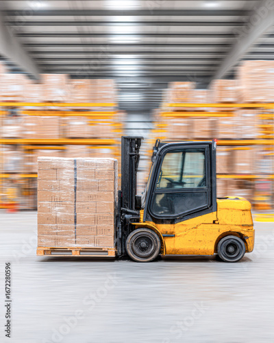 A yellow forklift transports a pallet of boxes in a warehouse, showcasing an efficient logistics operation in a busy industrial setting.