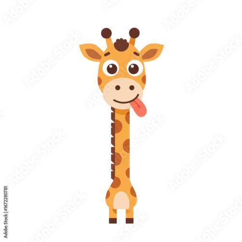 Funny cartoon giraffe with a long spotted neck smiling and sticking its tongue out.