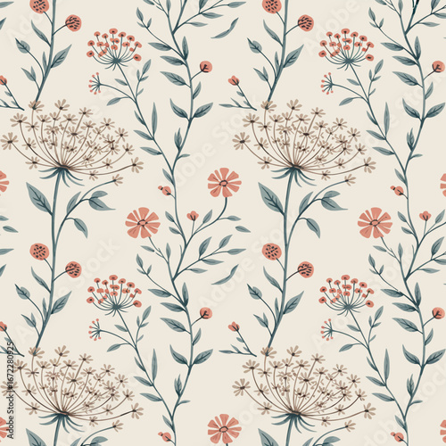 A vibrant seamless pattern featuring pink floral and leaf illustrations, perfect for a vintage textile or summer wallpaper design